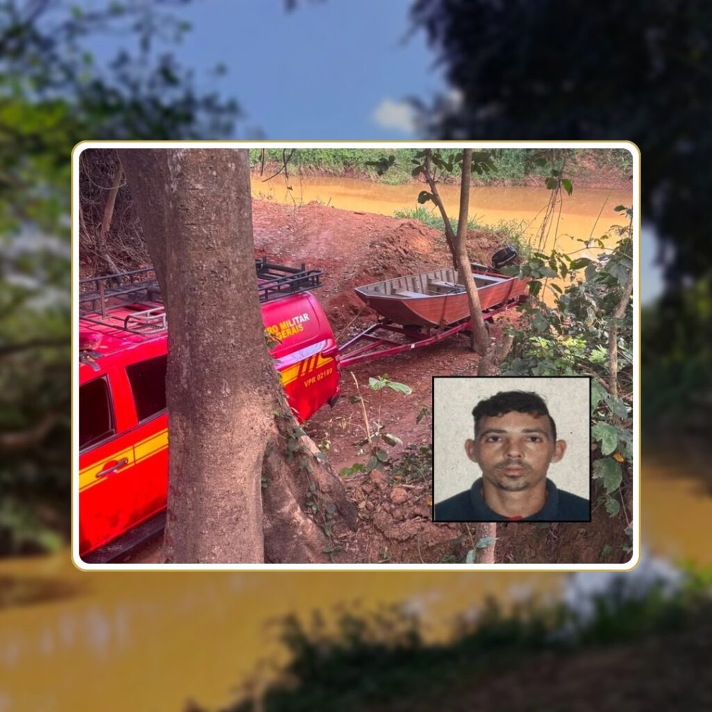 Afogamento - Barco e viatura do Corpo de Bombeiros à beira do Rio Paranaíba; afogamento no Rio Paranaíba