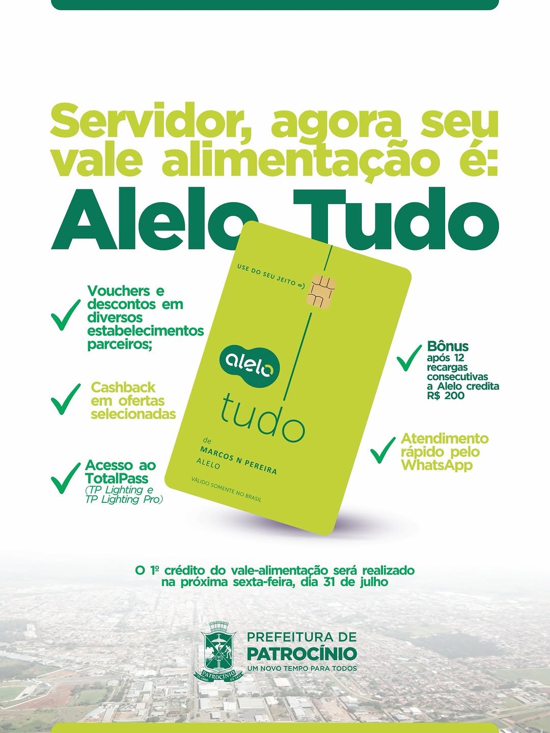 Cartão Alelo Tudo do vale-alimentação dos servidores de Patrocínio