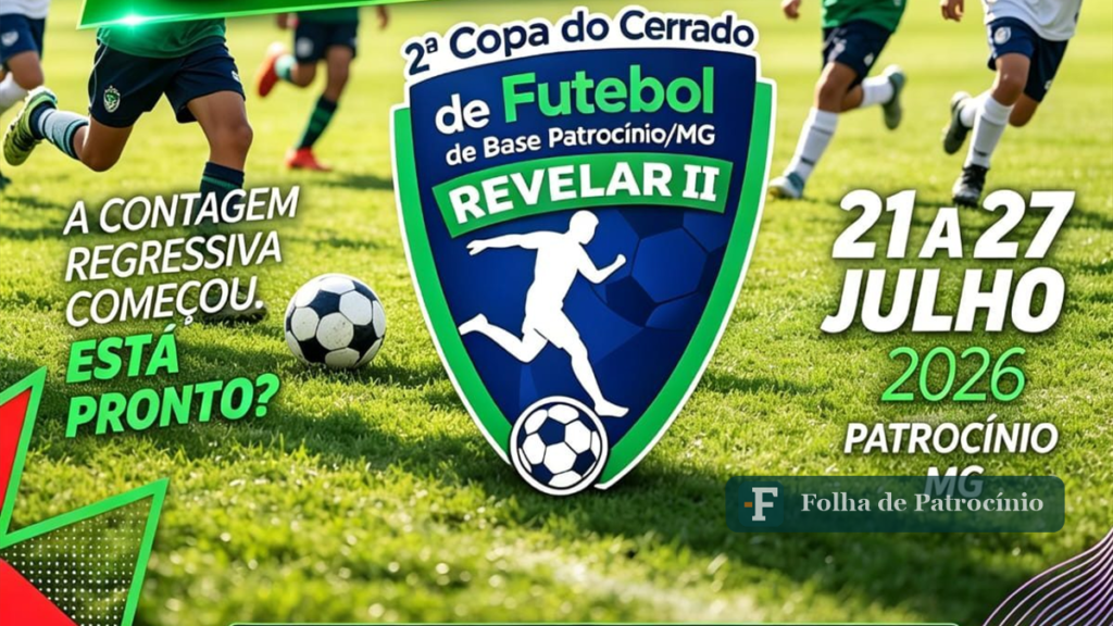 Arte oficial da Copa do Cerrado de futebol de base em Patrocínio, com jovens jogadores ao fundo