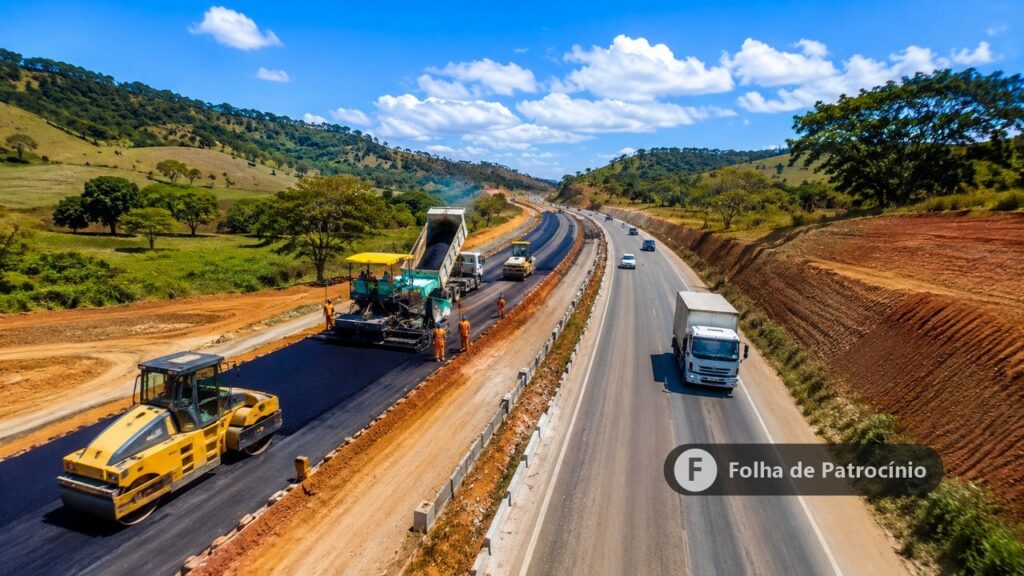 Trecho de rodovia durante obras da duplicação da BR-365, com maquinário de pavimentação em operação