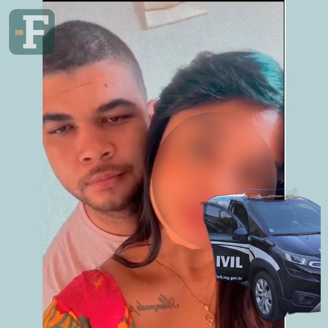 Foto do casal envolvido no homicídio em Patrocínio, com o rosto da investigada preservado, e viatura da Polícia Civil de Minas Gerais