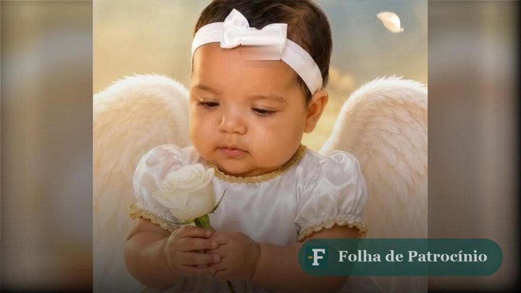 bebê Helena, vestida de anjo com asas brancas, segurando uma rosa branca, imagem usada para ilustrar a morte da bebê Helena, no Ceará