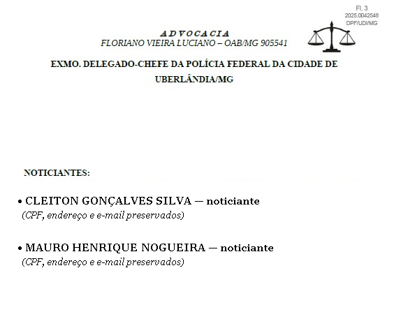 Trecho da petição enviada à Polícia Federal que aponta o autor da denúncia contra o prefeito
