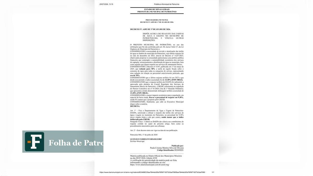 Reprodução do decreto de reajuste da tarifa de água em Patrocínio
