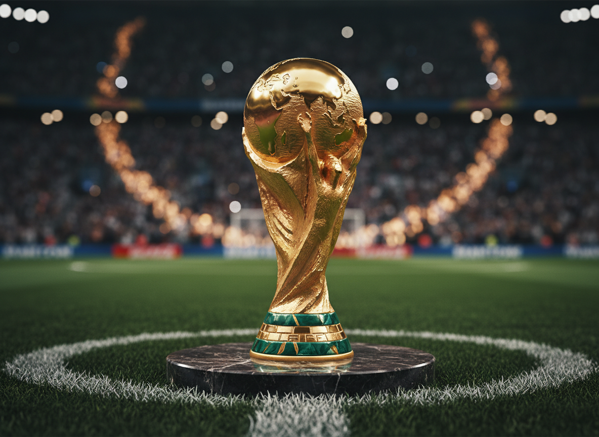 Taça da final da Copa do Mundo 2026 em campo, com estádio ao fundo
