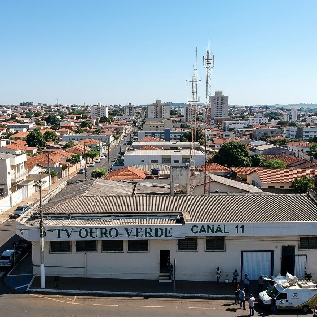 Torre da antena da TV Ouro Verde vista do alto, com a cidade de Patrocínio ao fundo