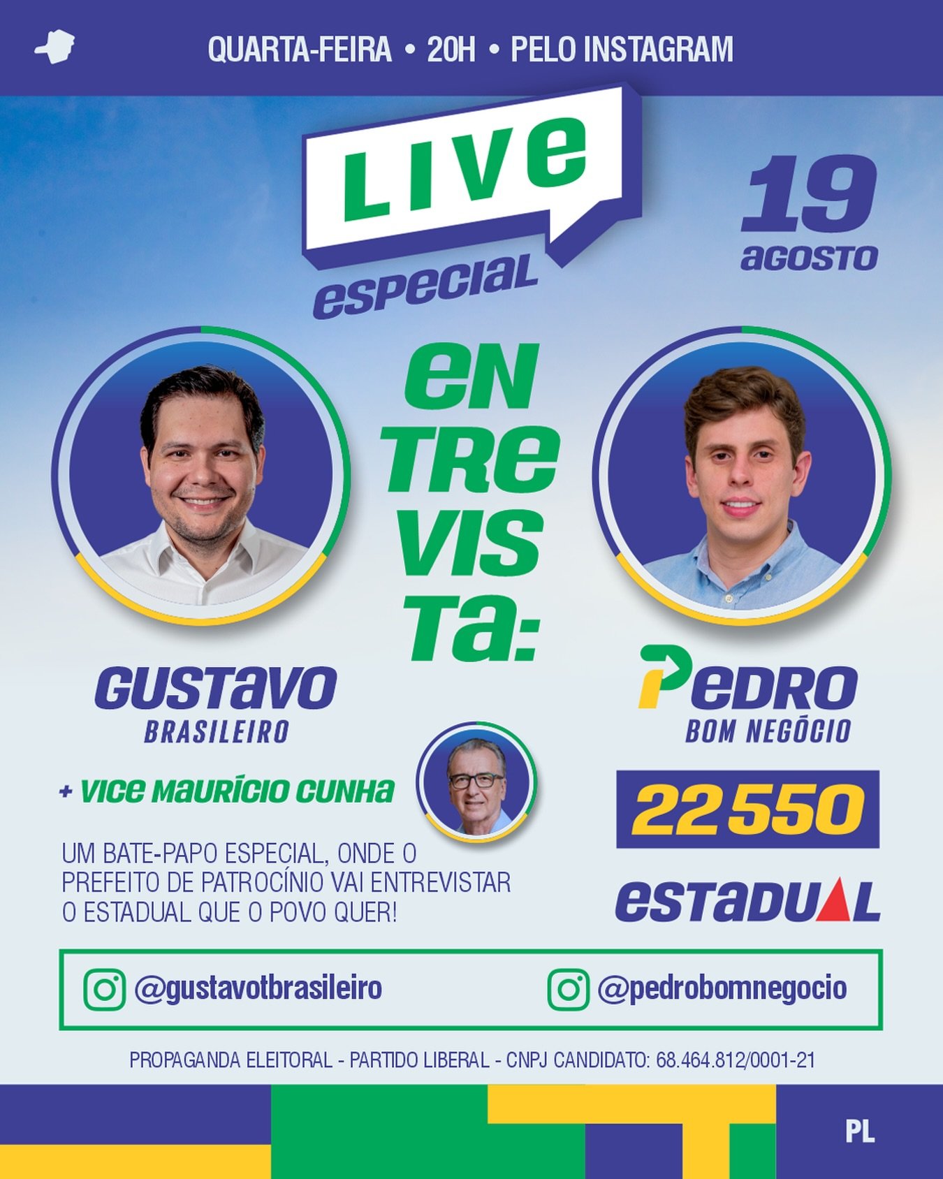 Peça que anuncia a live do prefeito de Patrocínio com o candidato a deputado estadual