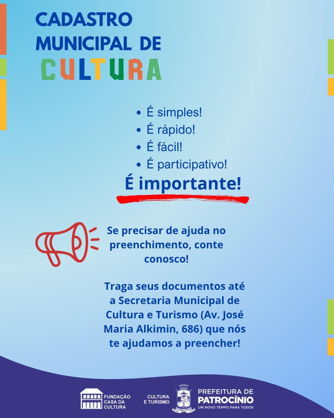 Cartaz da Fundação Casa da Cultura sobre o Cadastro Municipal de Cultura, com orientações finais e endereço da Secretaria Municipal de Cultura e Turismo