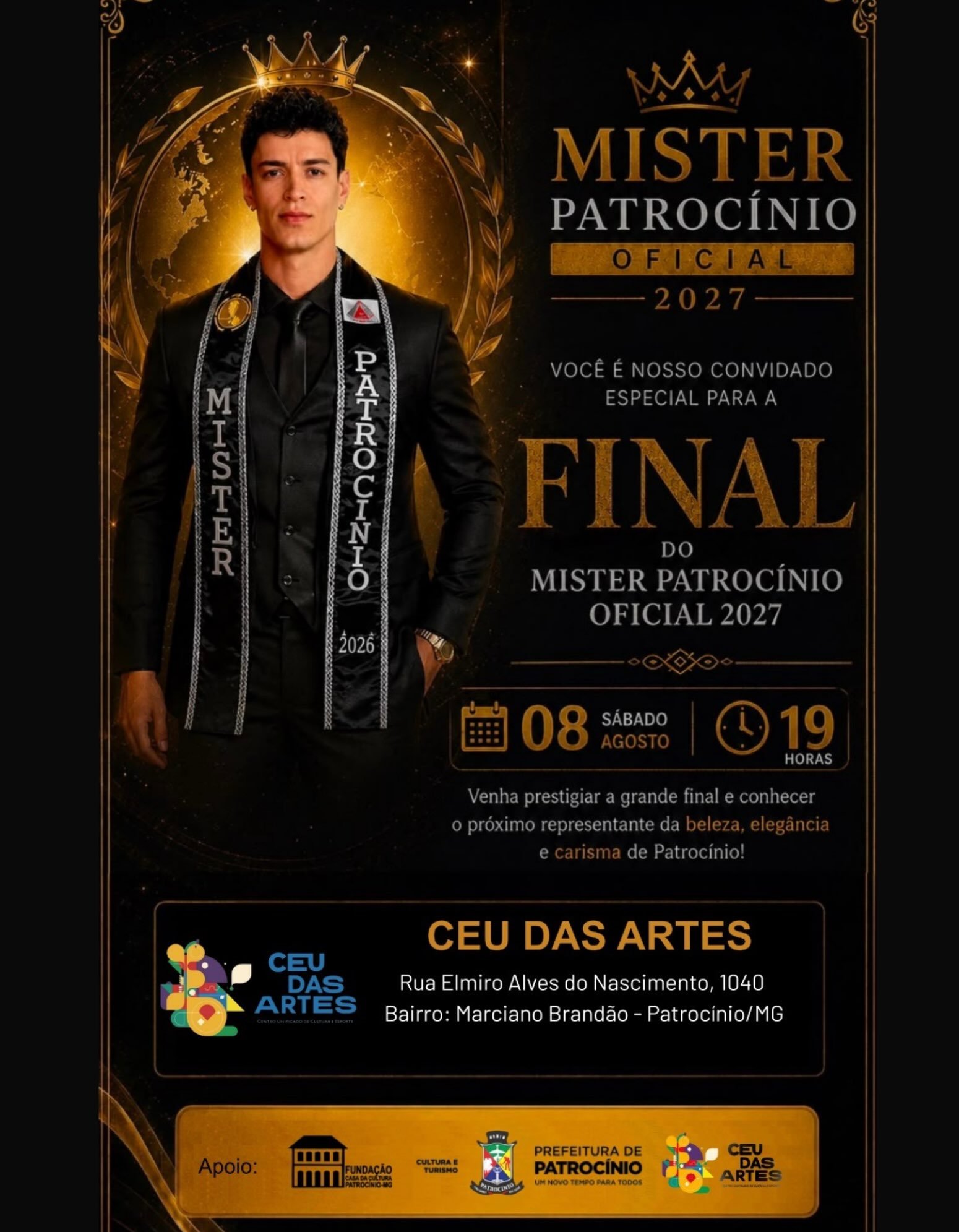 cartaz oficial da final do Mister Patrocínio Oficial 2027 no CEU das Artes