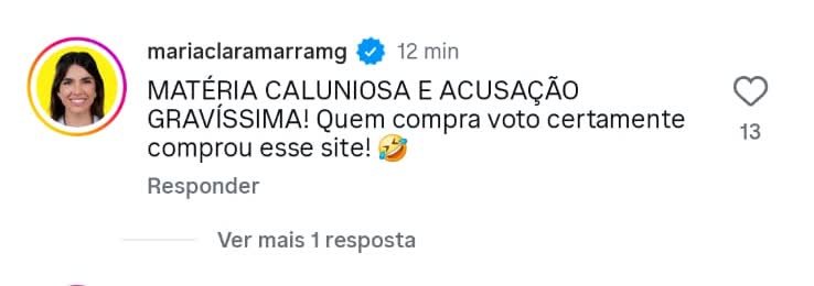 Comentário de Maria Clara Marra chamando de caluniosa a reportagem sobre o caso de Carlão e Maria Clara