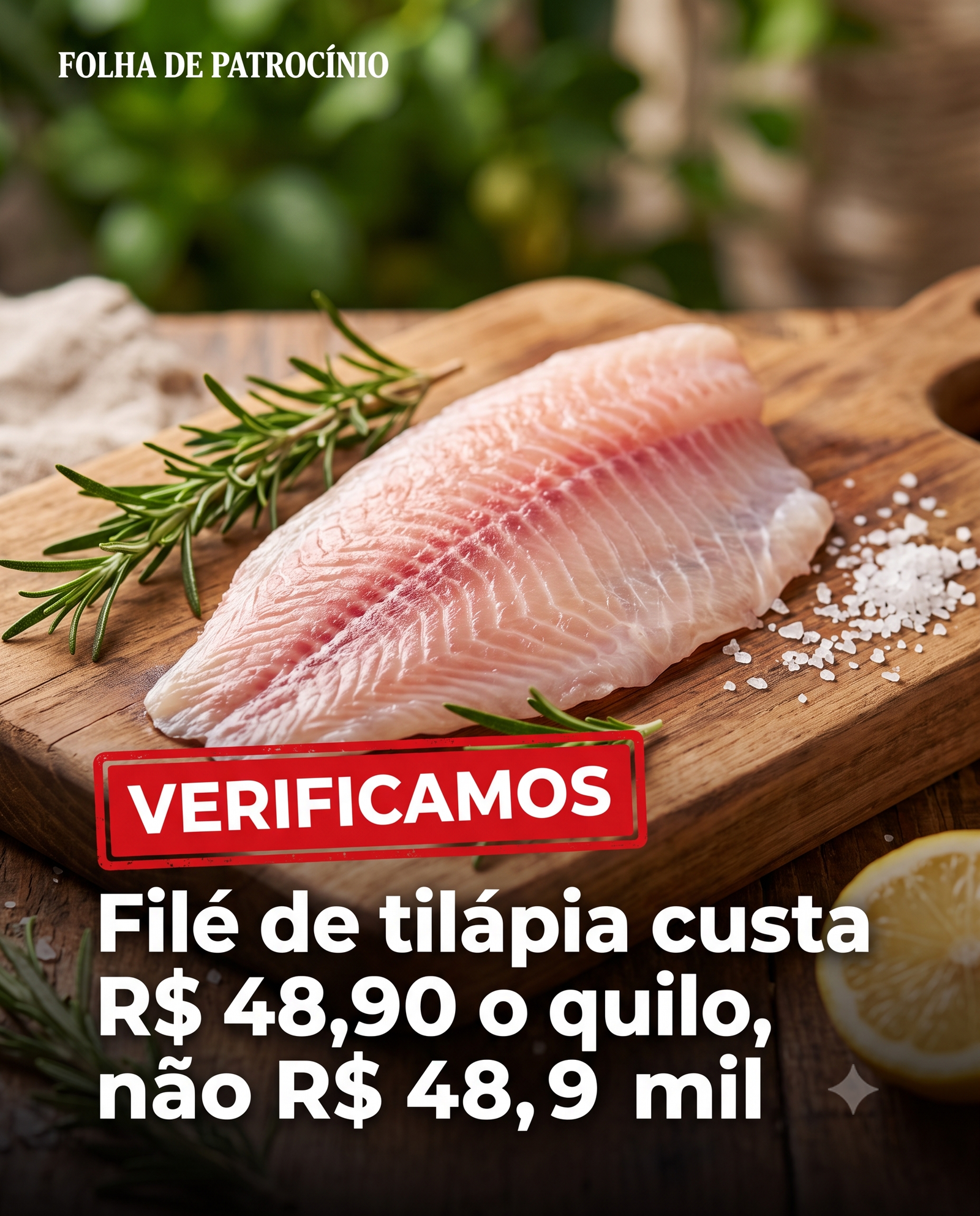 Card de verificação sobre a compra de tilápia pela Prefeitura de Patrocínio, com o preço correto de R$ 48,90 o quilo