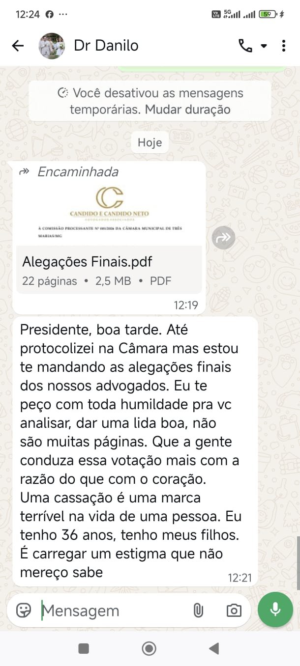 Print de mensagem de WhatsApp de Danilo Rezende a vereador sobre a votação do processo de cassação