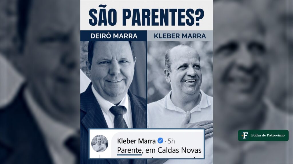 Deiró Marra e Kleber Marra lado a lado, com print do comentário nas redes perguntando se são parentes
