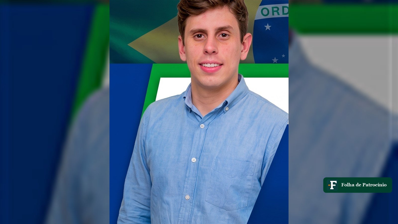 Pedro Bom Negócio sorrindo em foto de divulgação, ao lado do texto sobre o número definido de sua candidatura