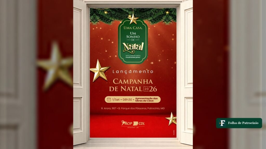 Arte oficial da campanha Sonho de Natal da ACIP/CDL, com data e local do lançamento em Patrocínio