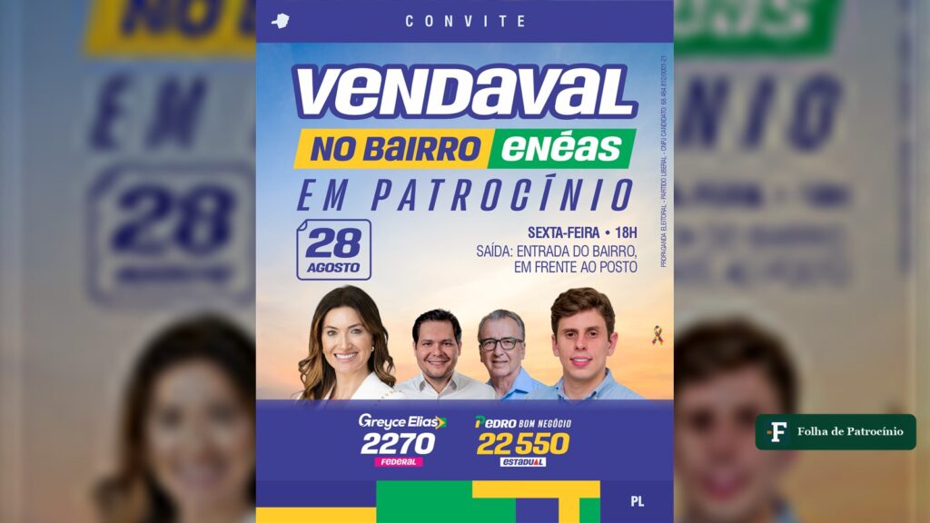 Convite do Vendaval no Enéas com Greyce Elias e Pedro Bom Negócio em Patrocínio