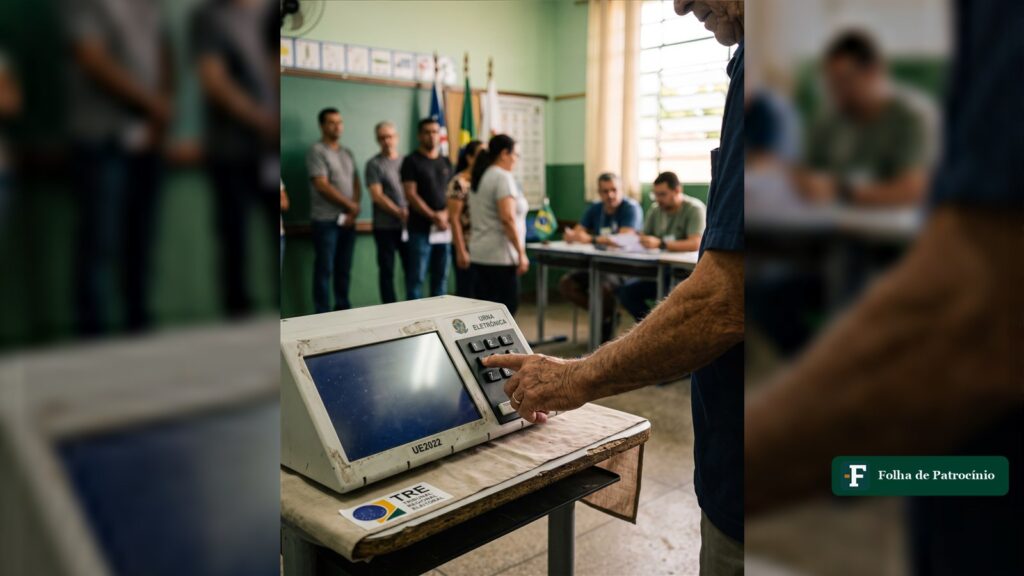 Eleitor digita o voto em urna eletrônica numa seção eleitoral, ilustração da checagem sobre pesquisa que cita Flávio Bolsonaro