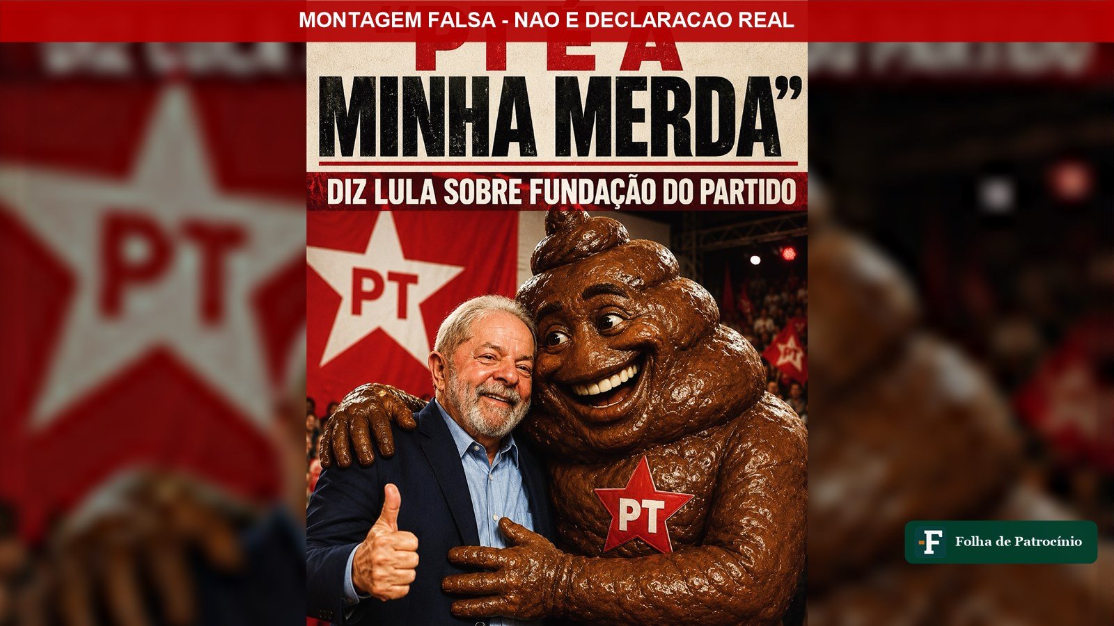Montagem que é uma imagem falsa de Lula, mostrando o presidente ao lado de um boneco com o símbolo do PT e uma frase inventada sobre o partido