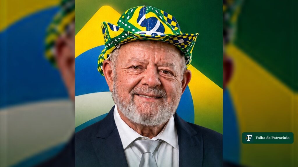 Retrato do candidato registrado como Lula do Bem, de terno escuro, barba branca e chapéu com as cores da bandeira do Brasil