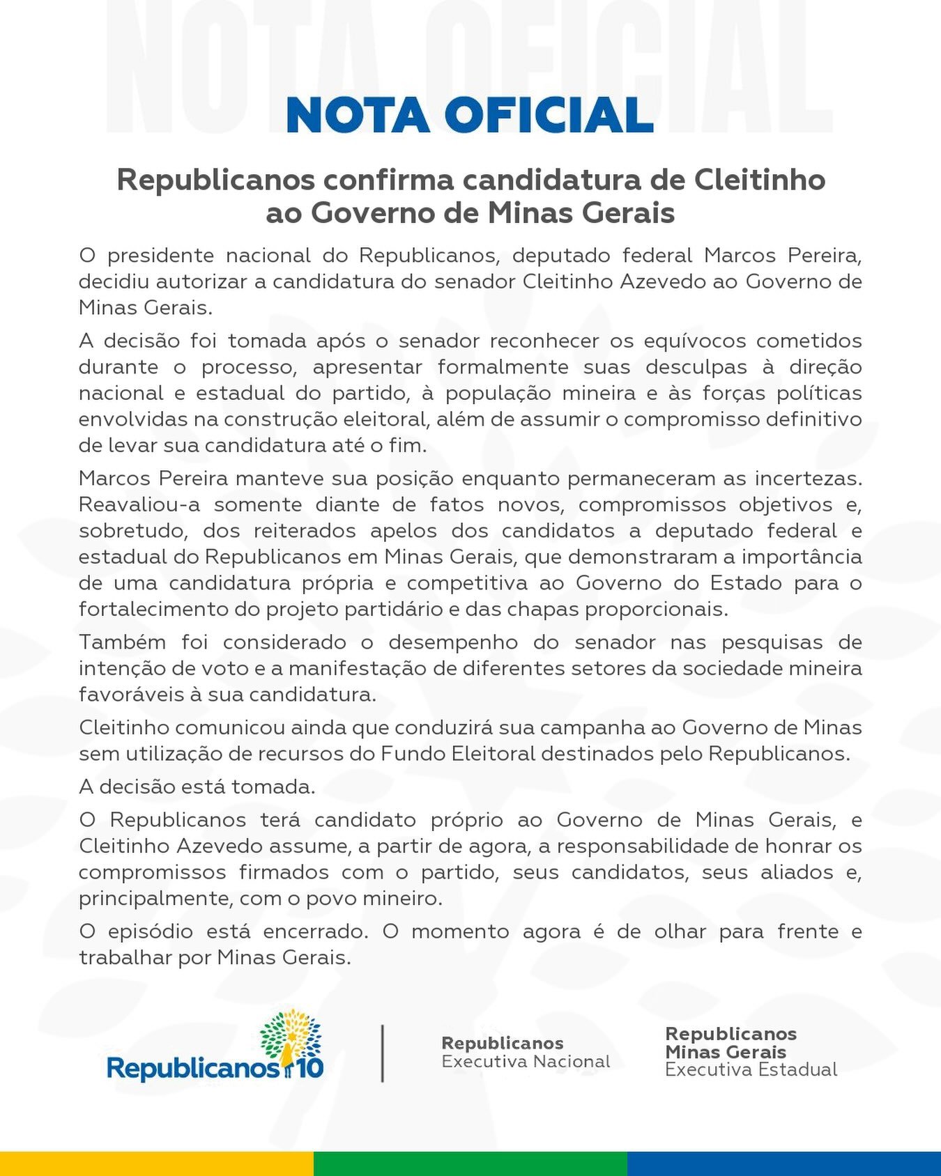 Candidatura confirmada: nota oficial do Republicanos sobre Cleitinho Azevedo
