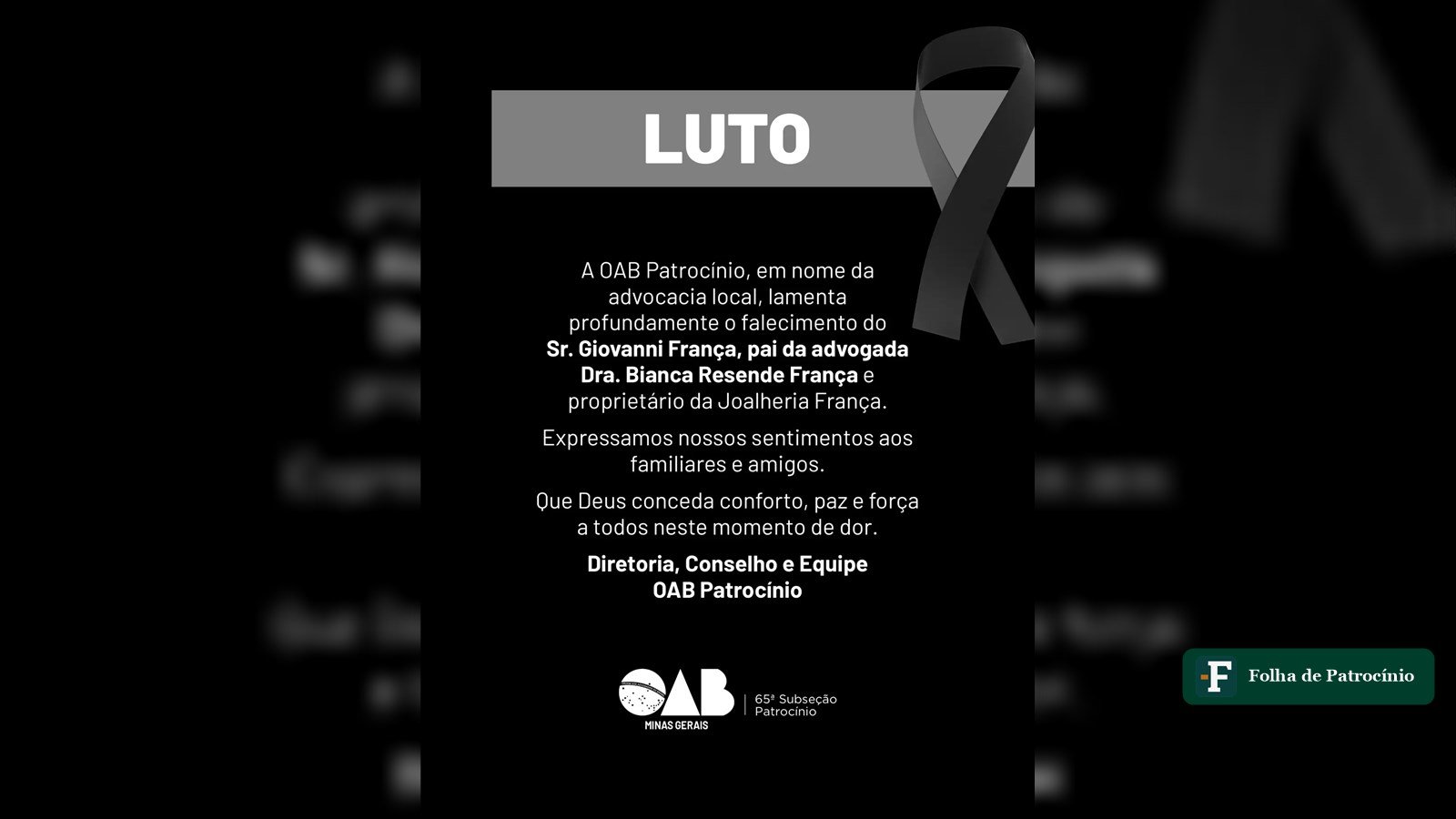 Nota de pesar da OAB Patrocínio pelo falecimento de Giovanni Idelfonso França