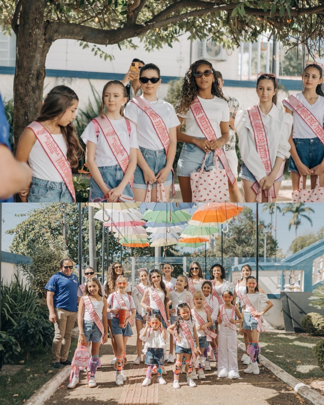 Candidatas do Pequena Miss Minas Gerais caminham pela alagoa de guarda-chuvas coloridos em Patrocínio