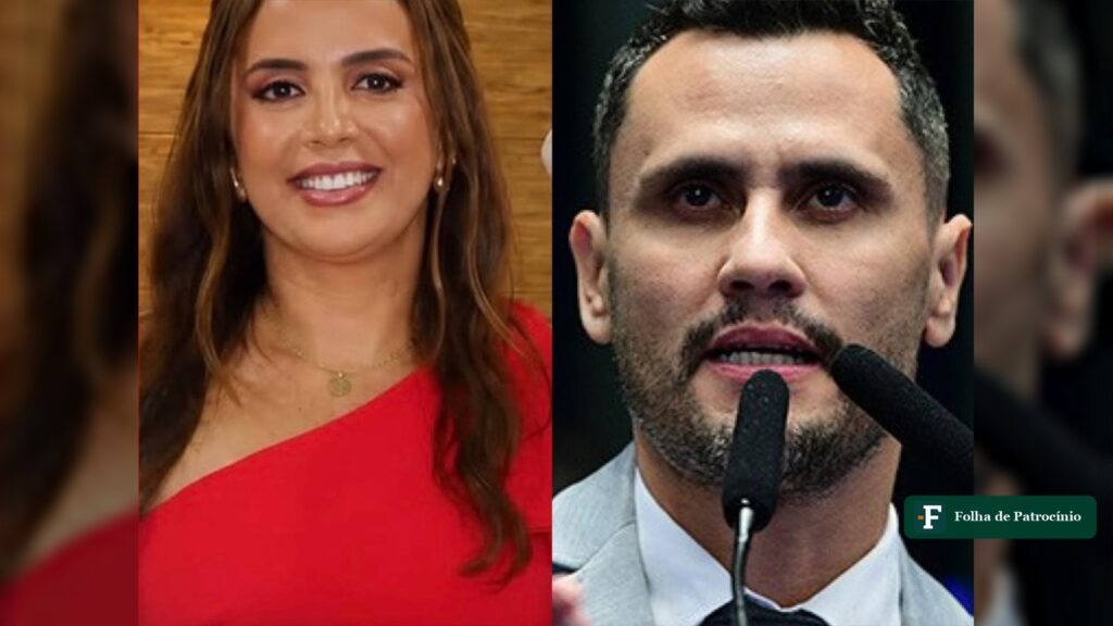 Prefeita de Frei Gaspar Jackeliny Nascimento ao lado de foto do senador Cleitinho Azevedo em montagem
