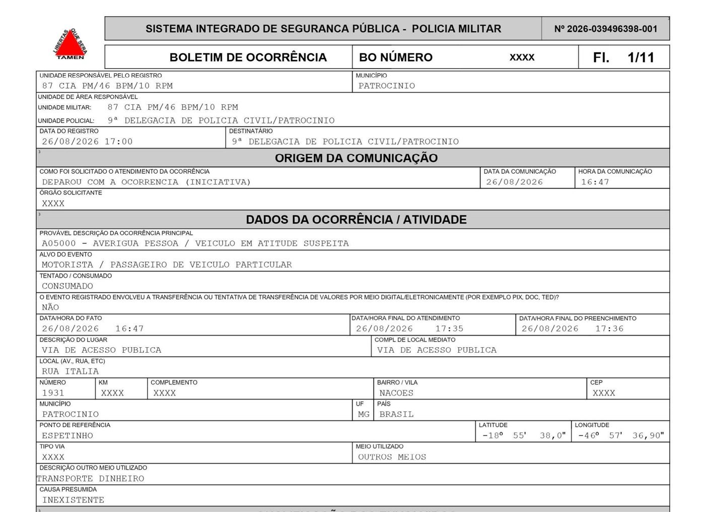 Boletim de ocorrência da PMMG sobre suspeita de compra de votos em Patrocínio, REDS número 2026-039496398-001