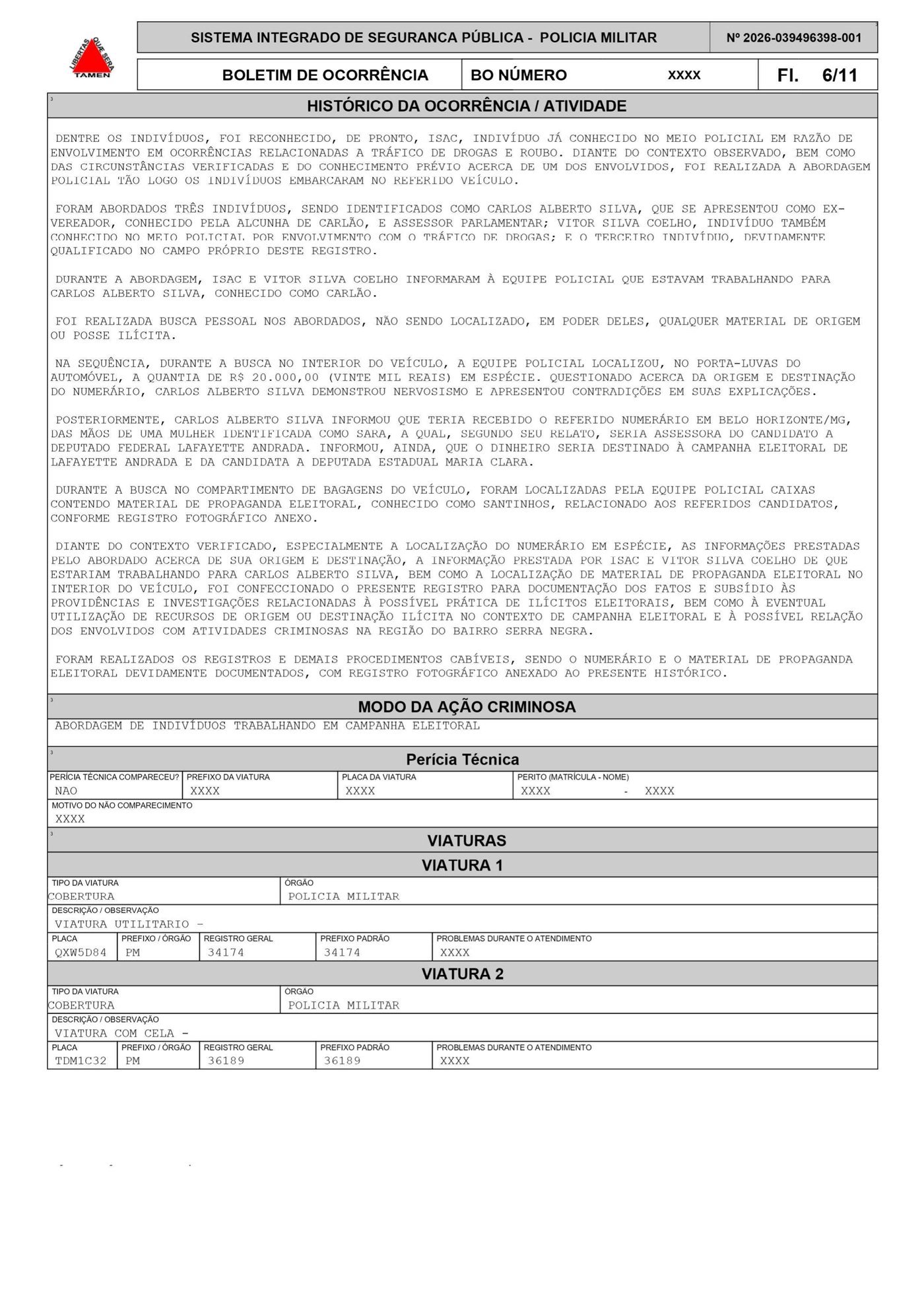 Histórico da ocorrência do boletim policial sobre o caso de suspeita de compra de votos em Patrocínio