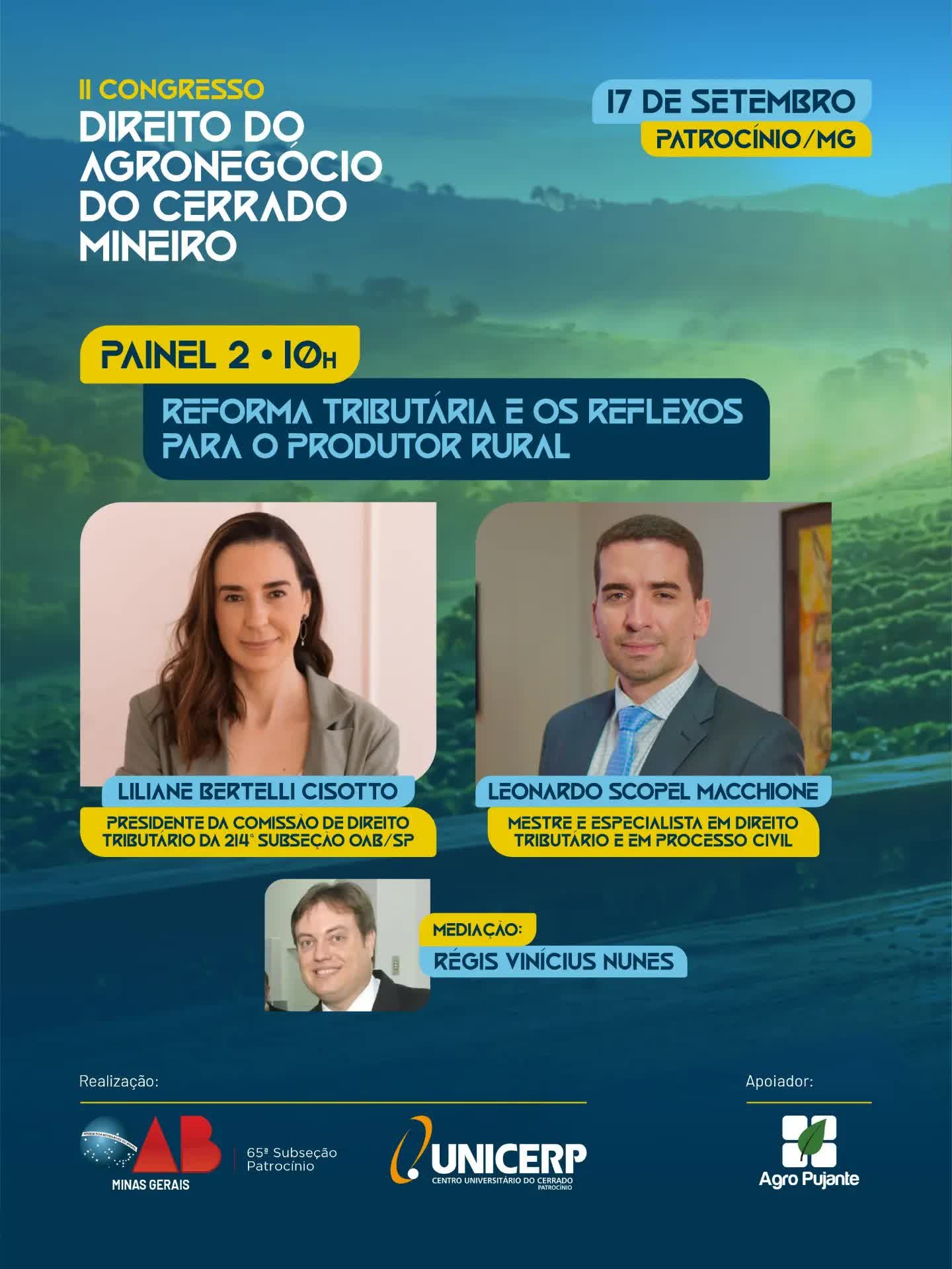 Arte oficial do painel sobre reforma tributária no agro, com os palestrantes do II Congresso de Direito do Agronegócio