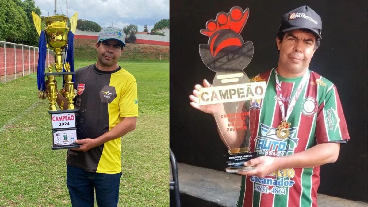 Renilson Alves Cardoso, o Kiko, segurando troféu de campeão do futebol amador de Patrocínio