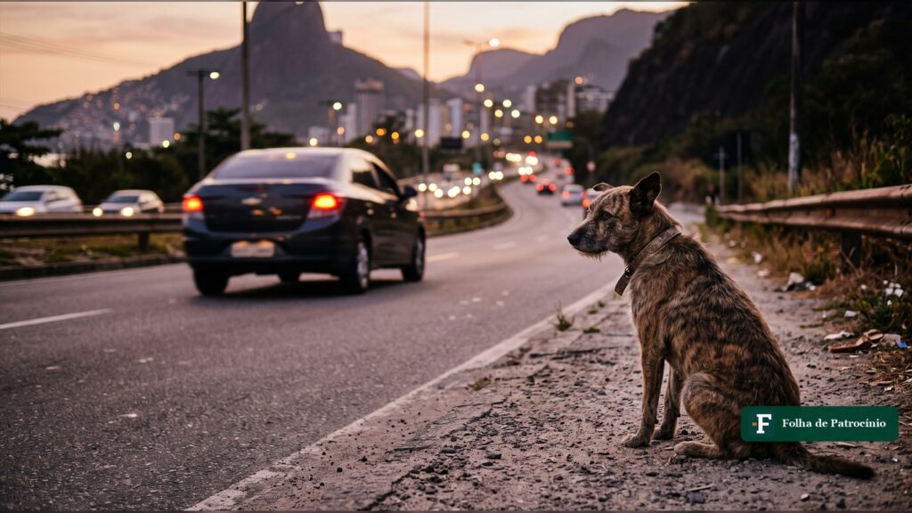 Cachorro sozinho na beira de uma estrada olhando um carro se afastar, ilustrando a proposta de suspensão da CNH por abandono de animais