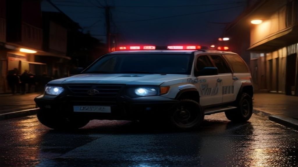 Carro de polícia parado em rua de pequena cidade à noite, imagem ilustrativa da tentativa de homicídio em Coromandel