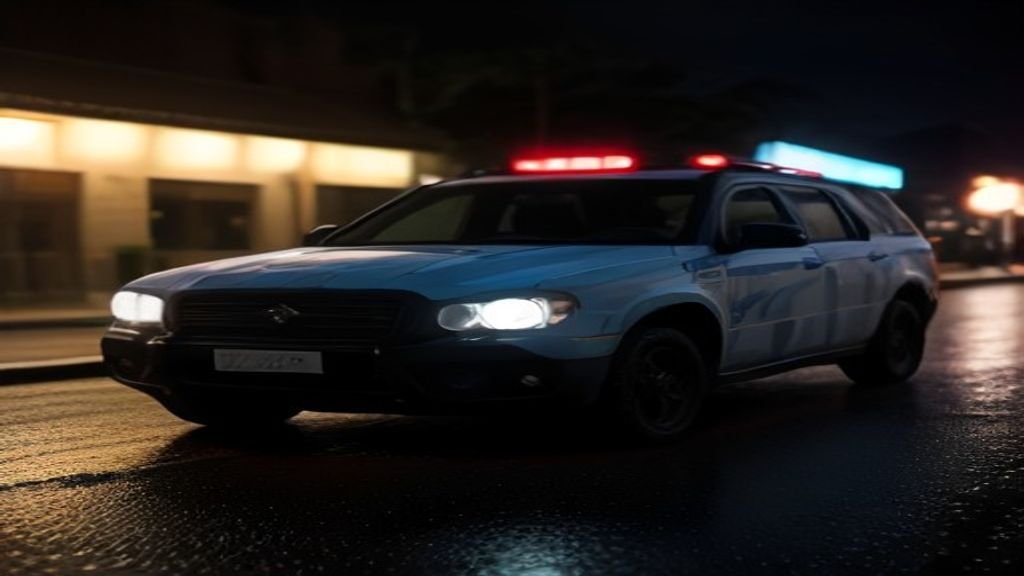 Carro de polícia parado em via molhada à noite, ilustração para caso de tentativa de homicídio em Patrocínio