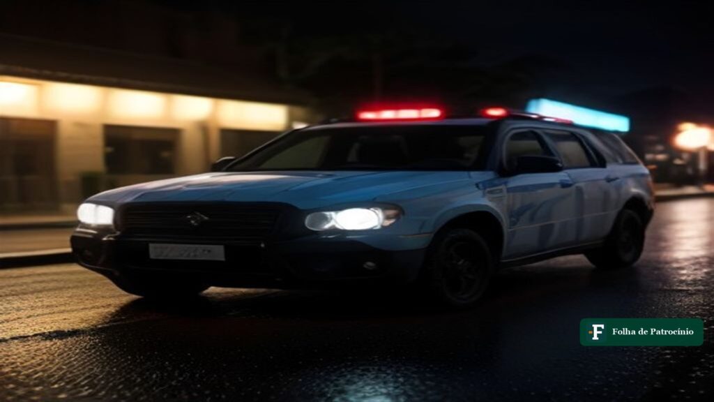Viatura policial com giroflex ligado em rua escura, imagem ilustrativa de tentativa de homicídio em Patrocínio