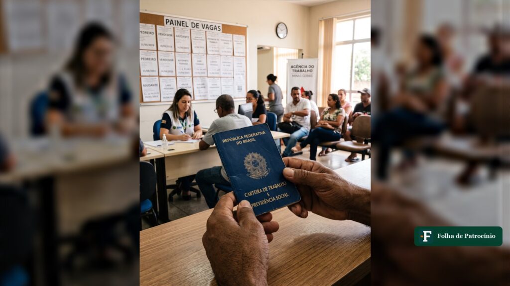 Trabalhador segura a carteira de trabalho em uma agência pública de atendimento, ilustração sobre as vagas de emprego em Patrocínio