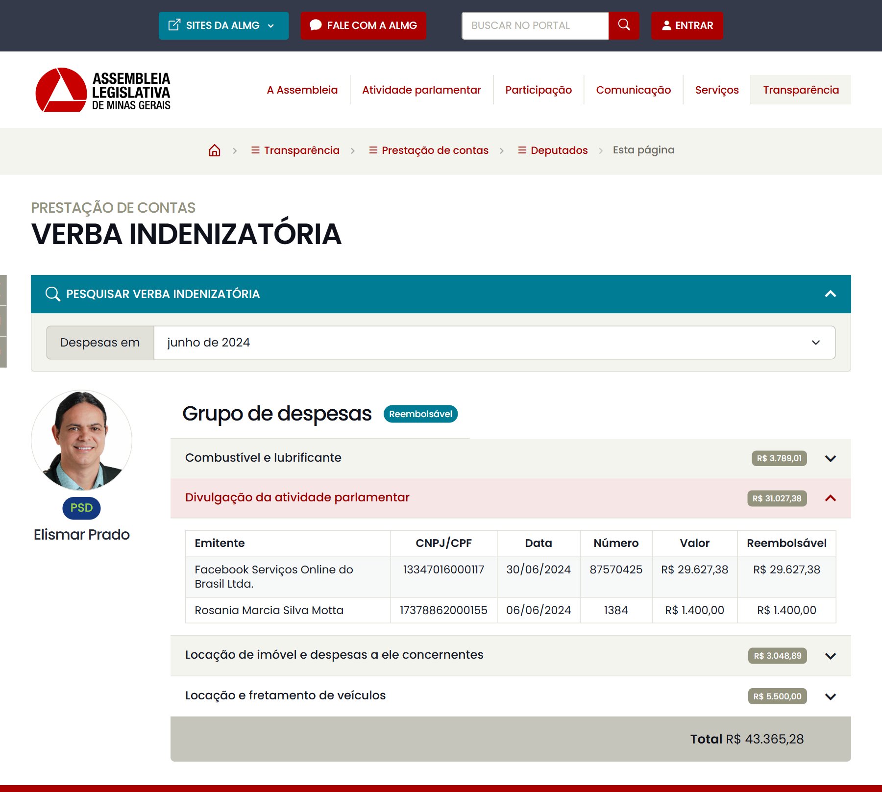 Print do portal da ALMG com a nota de R$ 29.627,38 do Facebook na verba de Elismar Prado em junho de 2024