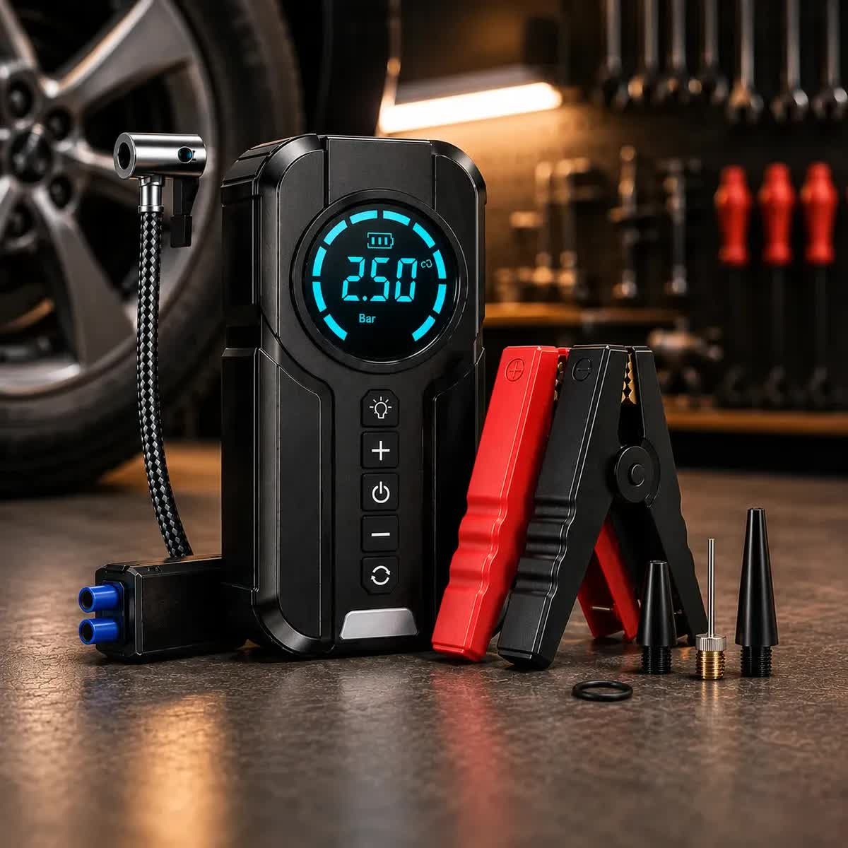 Auxiliar de partida e compressor de ar portátil 6 em 1 com lanterna e power bank