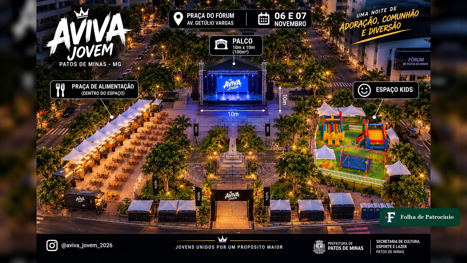 Mapa da estrutura do Aviva Jovem em Patos de Minas, com palco, praça de alimentação e espaço kids na Praça do Fórum