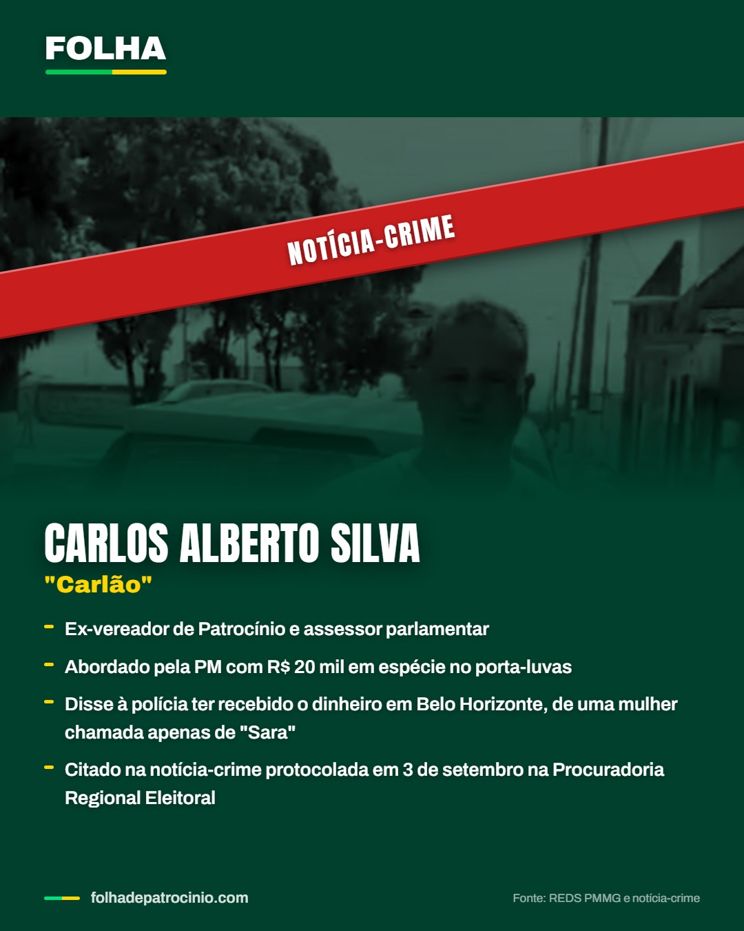 Card com os fatos sobre Carlos Alberto Silva, o Carlão, citado na notícia-crime contra Maria Clara e outros