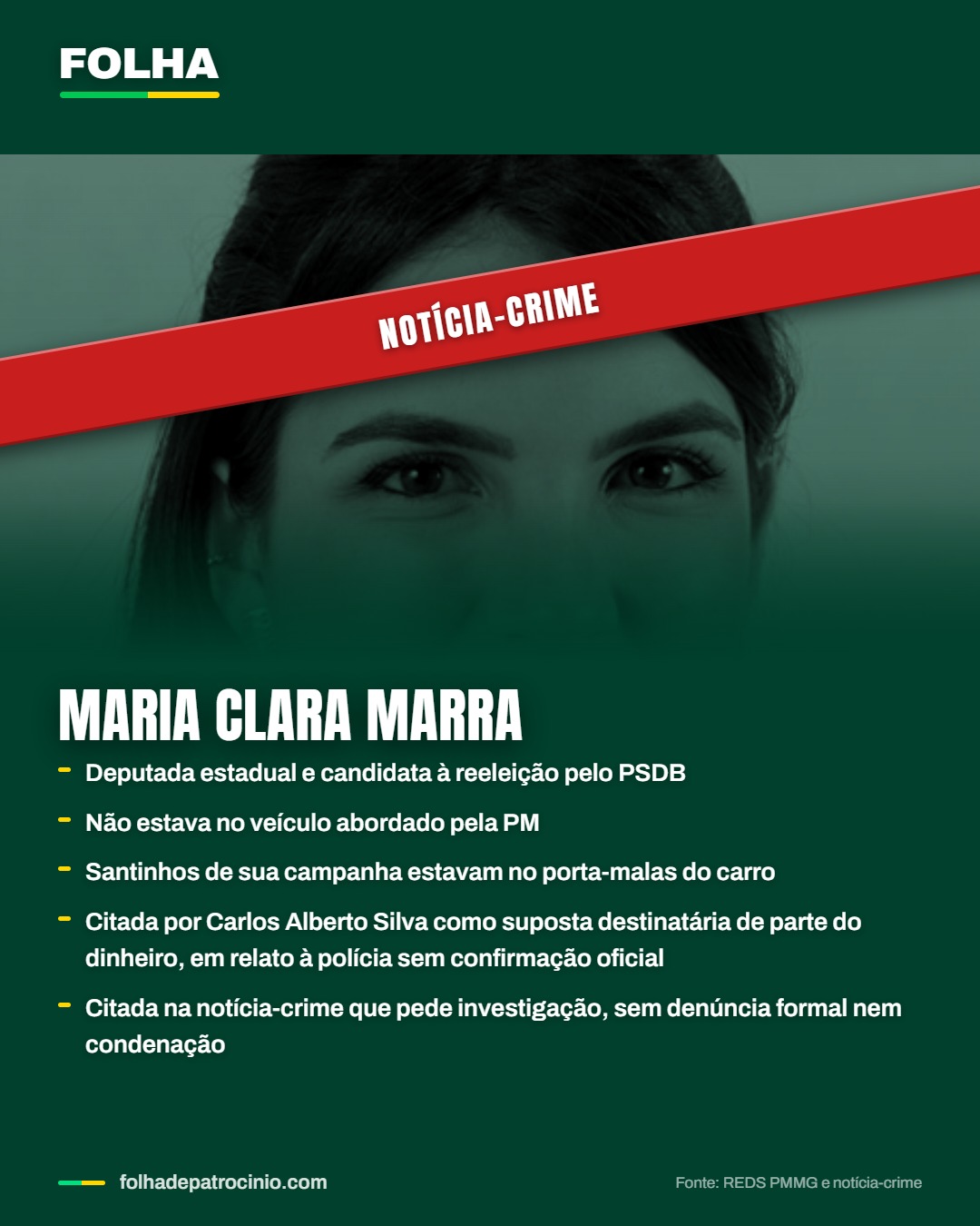 Card com os fatos sobre a deputada Maria Clara Marra, citada na notícia-crime