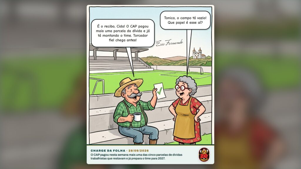 Charge da Folha: Seu Tonico, sentado na arquibancada vazia do estádio, mostra um recibo a Dona Cida. Charge de Eric Fernando, ilustração feita com IA