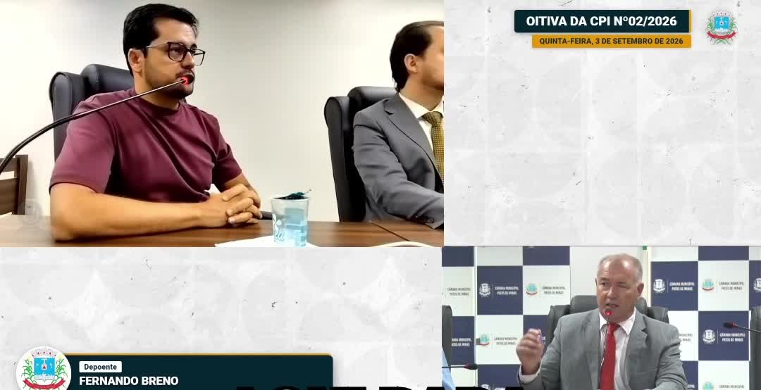 Oitiva da CPI da Saúde na Câmara de Patos de Minas, com o depoente Fernando Breno e o vereador Mauri da JL