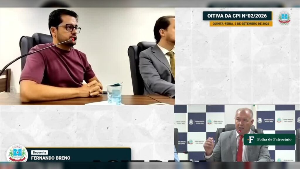 Oitiva da CPI da Saúde na Câmara Municipal de Patos de Minas, com depoente e presidente da comissão