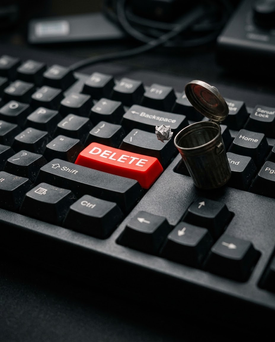 Teclado com a tecla Delete em vermelho e uma lixeira, ilustrando IA e traição