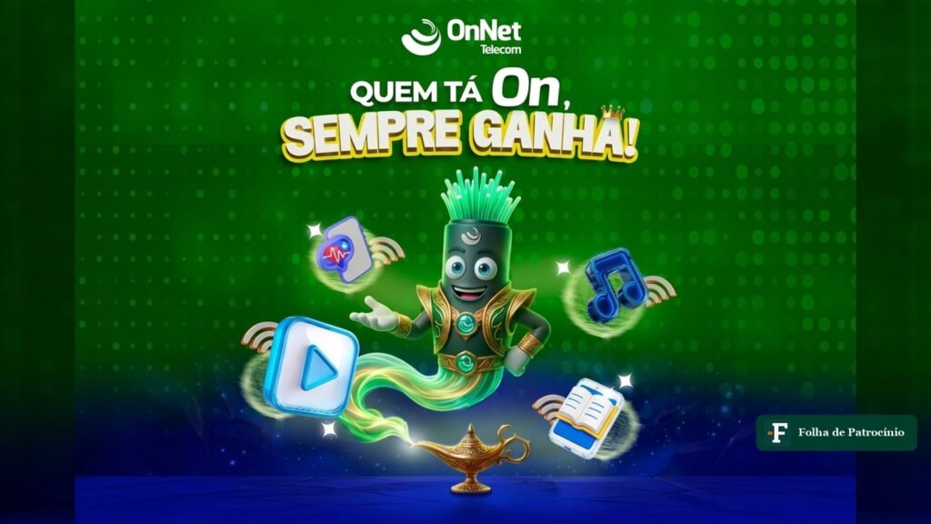 Arte promocional da campanha Lâmpada dos Benefícios da Onnet Telecom, com mascote e ícones de serviços