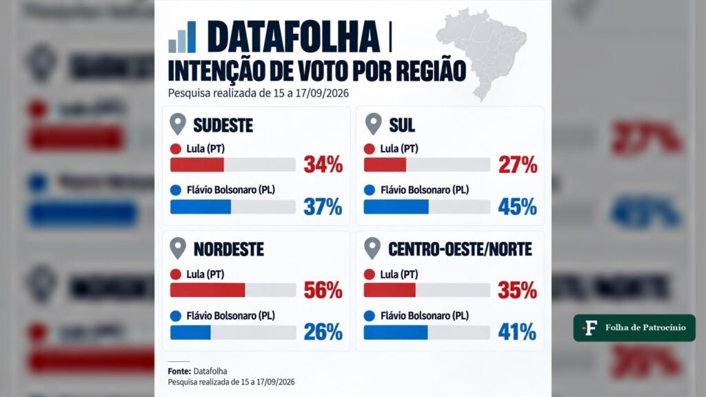 Gráfico do Datafolha com a intenção de voto para presidente por região do Brasil