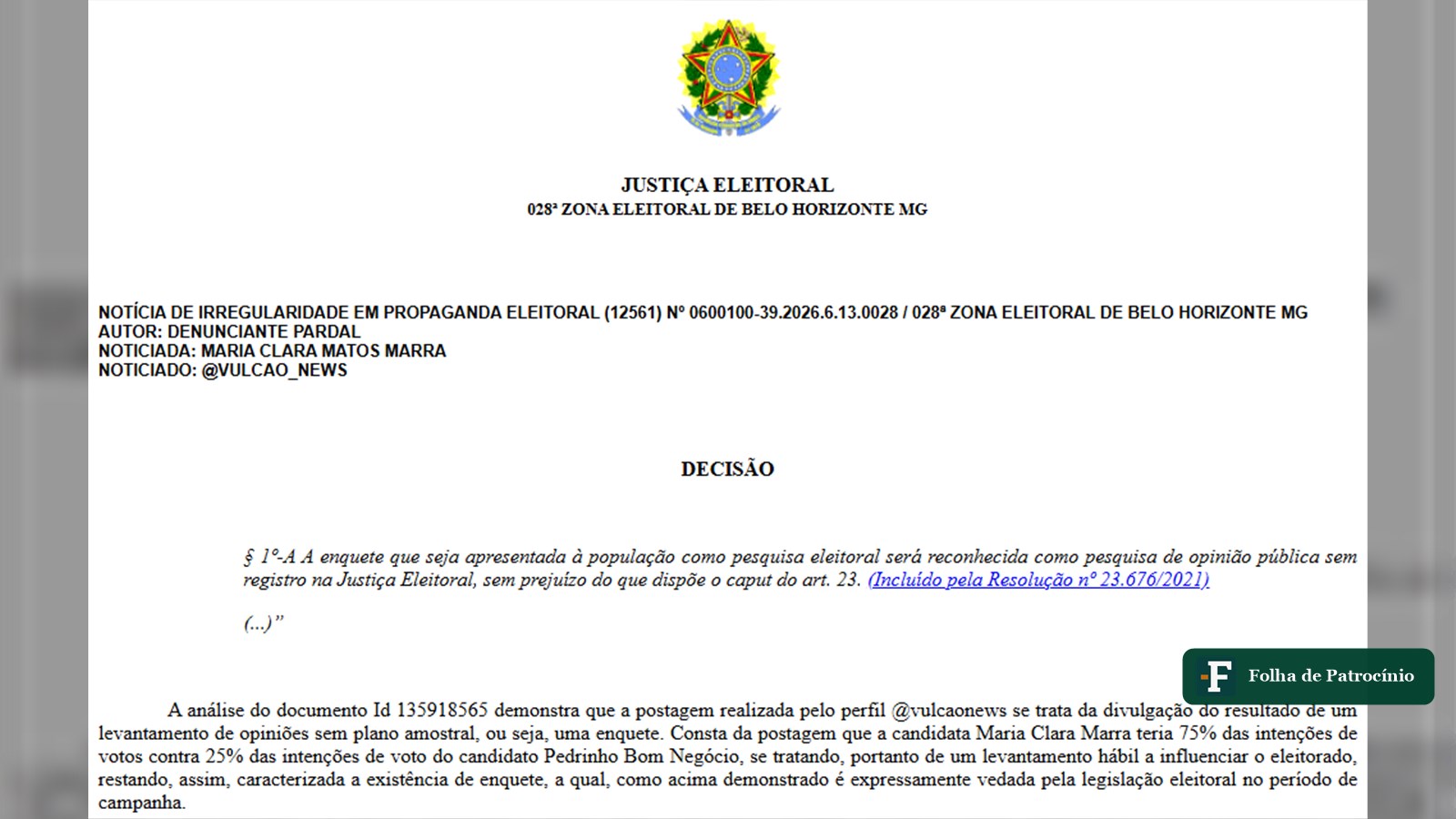 Print da decisão da Justiça Eleitoral sobre a enquete ilegal contra Maria Clara Marra