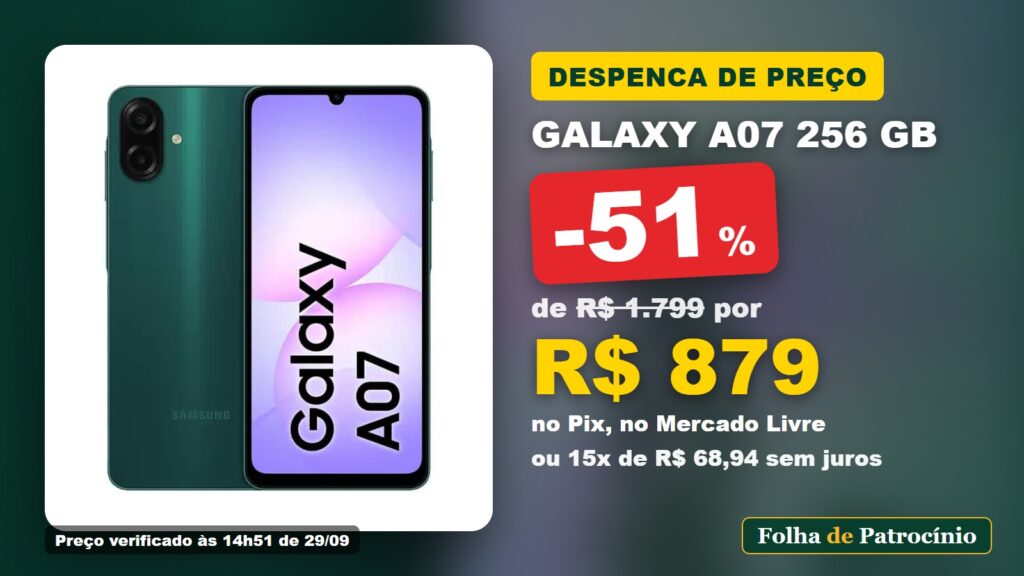 Galaxy A07 256 GB com selo de 51% de desconto e preço de R$ 879 no Pix no Mercado Livre