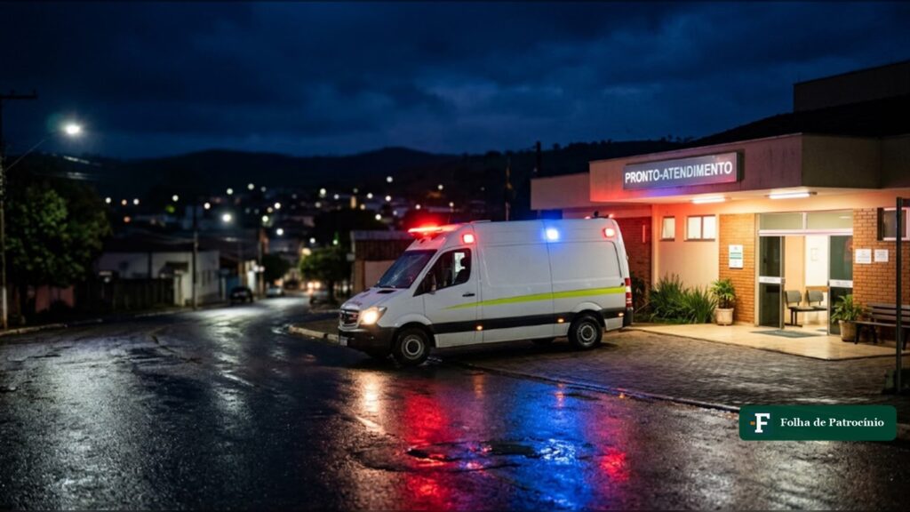Ambulância com as luzes acesas diante de um pronto-atendimento à noite, imagem ilustrativa gerada por IA sobre o caso do empresário ferido em Celso Bueno